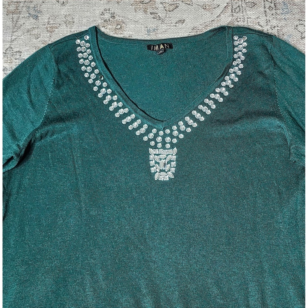 Iman Sweater XL Green Rhinestone V-Neck 3/4 Sleeve Party Tunic‎ Cashmere Blend